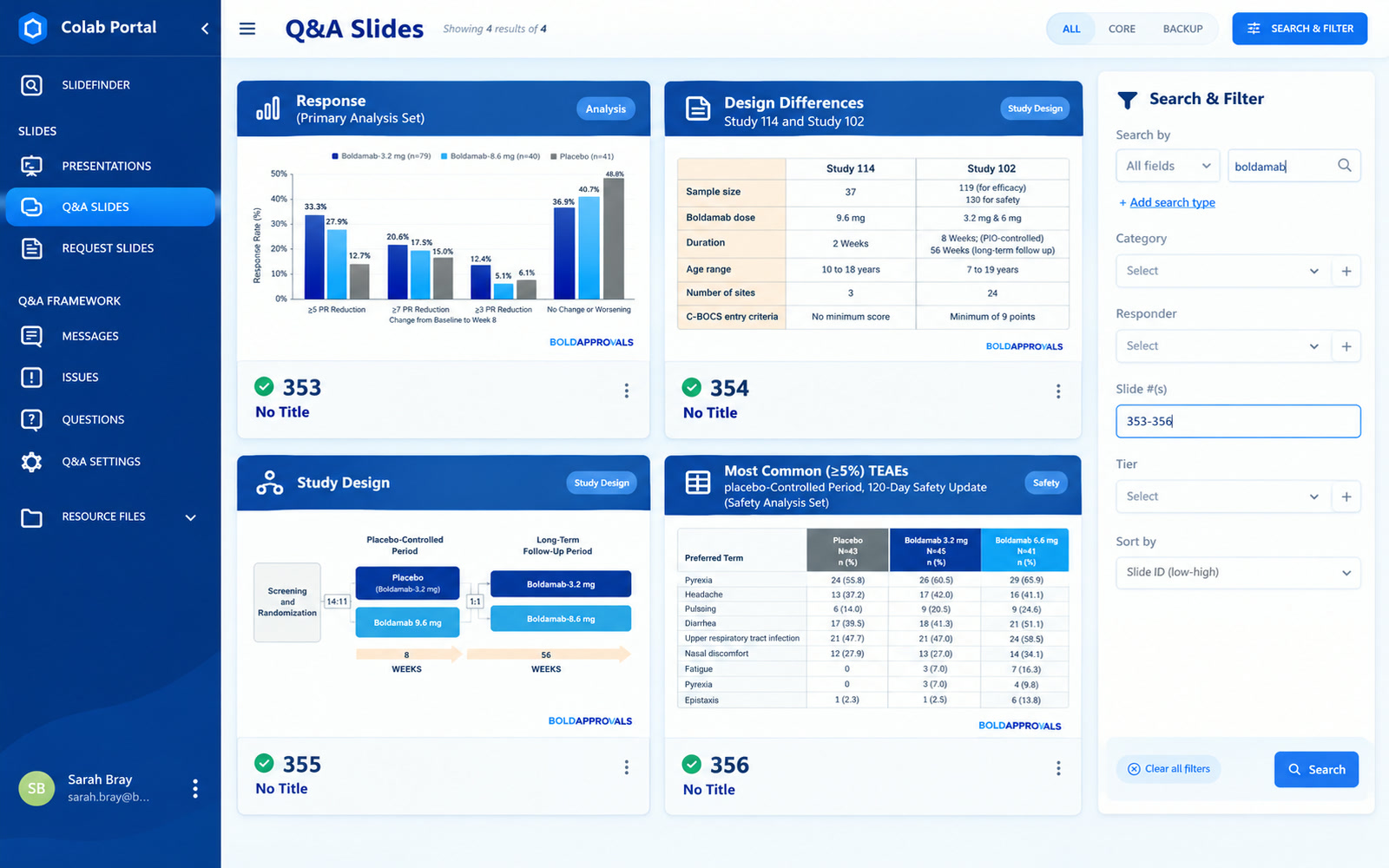 Q&A slides with search and filters
